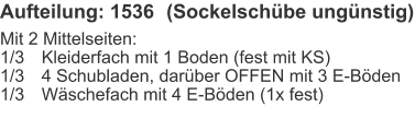 Aufteilung: 1536	(Sockelschübe ungünstig)  Mit 2 Mittelseiten:1/3	Kleiderfach mit 1 Boden (fest mit KS)1/3	4 Schubladen, darüber OFFEN mit 3 E-Böden1/3	Wäschefach mit 4 E-Böden (1x fest)