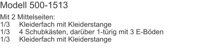 Modell 500-1513 Mit 2 Mittelseiten:1/3	Kleiderfach mit Kleiderstange1/3	4 Schubkästen, darüber 1-türig mit 3 E-Böden1/3	Kleiderfach mit Kleiderstange