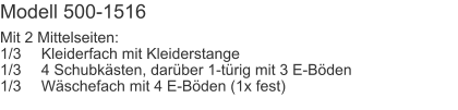 Modell 500-1516 Mit 2 Mittelseiten:1/3	Kleiderfach mit Kleiderstange1/3	4 Schubkästen, darüber 1-türig mit 3 E-Böden1/3	Wäschefach mit 4 E-Böden (1x fest)