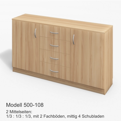 2 Mittelseiten:1/3 : 1/3 : 1/3, mit 2 Fachböden, mittig 4 Schubladen Modell 500-108