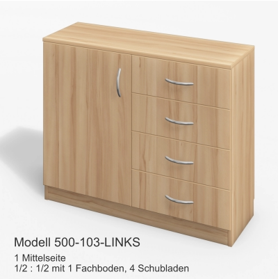 1 Mittelseite1/2 : 1/2 mit 1 Fachboden, 4 Schubladen Modell 500-103-LINKS
