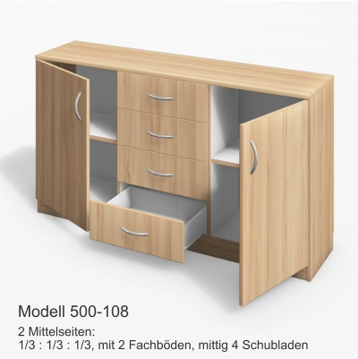 2 Mittelseiten:1/3 : 1/3 : 1/3, mit 2 Fachböden, mittig 4 Schubladen Modell 500-108
