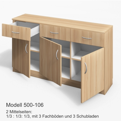 2 Mittelseiten:1/3 : 1/3: 1/3, mit 3 Fachböden und 3 Schubladen Modell 500-106