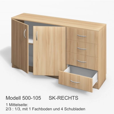 1 Mittelseite:2/3 : 1/3, mit 1 Fachboden und 4 Schubladen Modell 500-105	SK-RECHTS