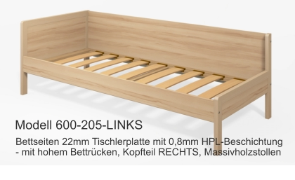 Bettseiten 22mm Tischlerplatte mit 0,8mm HPL-Beschichtung- mit hohem Bettrücken, Kopfteil RECHTS, Massivholzstollen Modell 600-205-LINKS