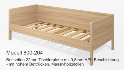 Bettseiten 22mm Tischlerplatte mit 0,8mm HPL-Beschichtung- mit hohem Bettrücken, Massivholzstollen Modell 600-204