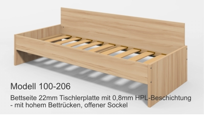 Bettseite 22mm Tischlerplatte mit 0,8mm HPL-Beschichtung- mit hohem Bettrücken, offener Sockel Modell 100-206
