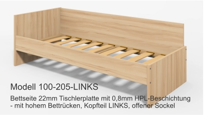 Bettseite 22mm Tischlerplatte mit 0,8mm HPL-Beschichtung- mit hohem Bettrücken, Kopfteil LINKS, offener Sockel Modell 100-205-LINKS