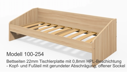 Bettseiten 22mm Tischlerplatte mit 0,8mm HPL-Beschichtung- Kopf- und Fußteil mit gerundeter Abschrägung, offener Sockel Modell 100-254