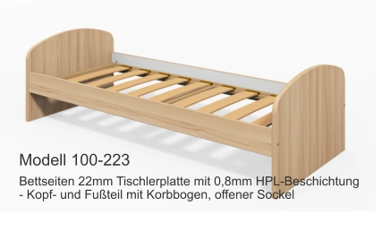 Bettseiten 22mm Tischlerplatte mit 0,8mm HPL-Beschichtung- Kopf- und Fußteil mit Korbbogen, offener Sockel Modell 100-223