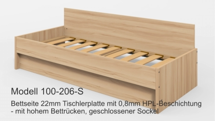 Bettseite 22mm Tischlerplatte mit 0,8mm HPL-Beschichtung- mit hohem Bettrücken, geschlossener Sockel Modell 100-206-S