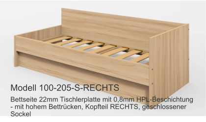 Bettseite 22mm Tischlerplatte mit 0,8mm HPL-Beschichtung- mit hohem Bettrücken, Kopfteil RECHTS, geschlossener Sockel Modell 100-205-S-RECHTS