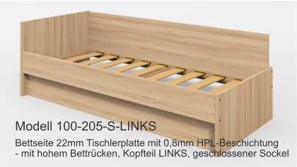 Bettseite 22mm Tischlerplatte mit 0,8mm HPL-Beschichtung- mit hohem Bettrücken, Kopfteil LINKS, geschlossener Sockel Modell 100-205-S-LINKS