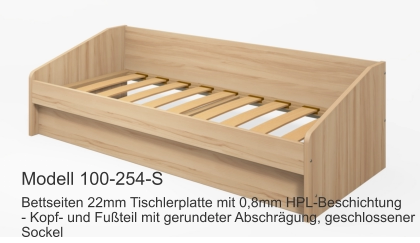 Bettseiten 22mm Tischlerplatte mit 0,8mm HPL-Beschichtung- Kopf- und Fußteil mit gerundeter Abschrägung, geschlossener Sockel Modell 100-254-S