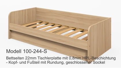 Bettseiten 22mm Tischlerplatte mit 0,8mm HPL-Beschichtung- Kopf- und Fußteil mit Rundung, geschlossener Sockel Modell 100-244-S