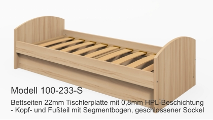 Bettseiten 22mm Tischlerplatte mit 0,8mm HPL-Beschichtung- Kopf- und Fußteil mit Segmentbogen, geschlossener Sockel Modell 100-233-S
