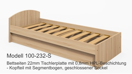 Bettseiten 22mm Tischlerplatte mit 0,8mm HPL-Beschichtung- Kopfteil mit Segmentbogen, geschlossener Sockel Modell 100-232-S