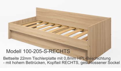 Bettseite 22mm Tischlerplatte mit 0,8mm HPL-Beschichtung- mit hohem Bettrücken, Kopfteil RECHTS, geschlossener Sockel Modell 100-205-S-RECHTS
